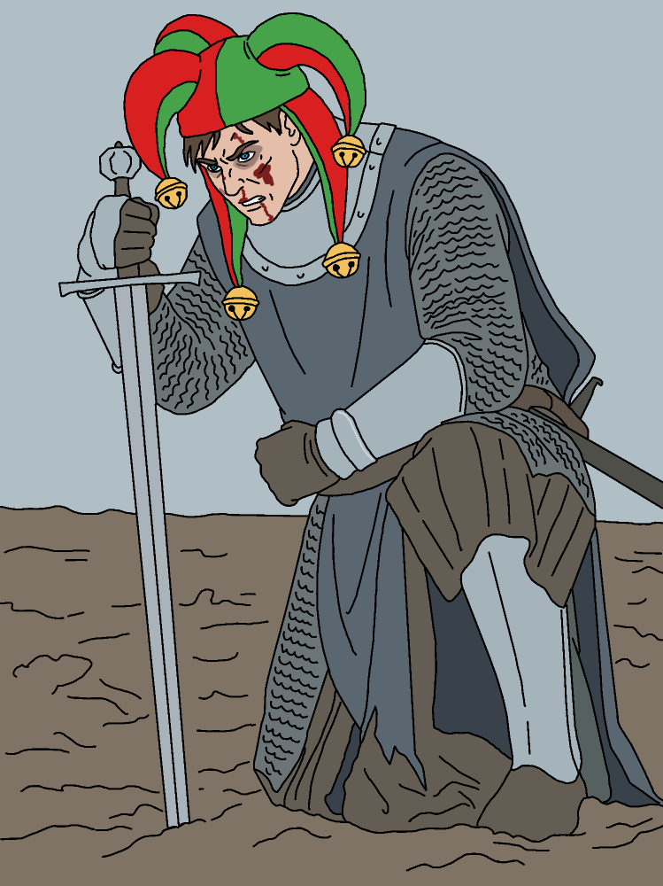 A wounded knight in chainmail armor kneels on a muddy battlefield, leaning heavily on a sword planted in the ground. He wears a red and green jester's hat with bells, and has blood on his face and lip. His expression is intense and defiant despite his injuries.
