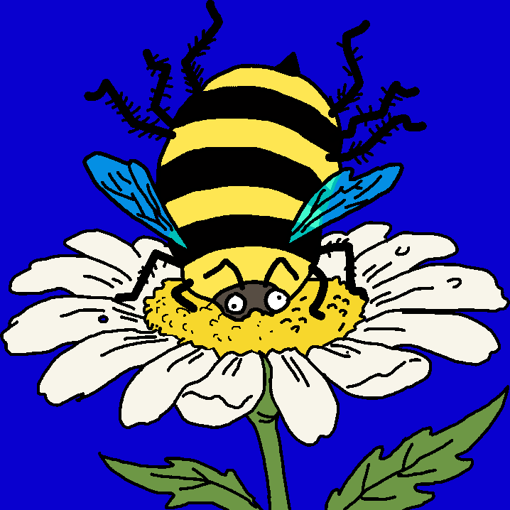 Cartoon bumblebee with yellow and black stripes and blue wings, faceplanted into the center of a white daisy flower against a bright blue background.