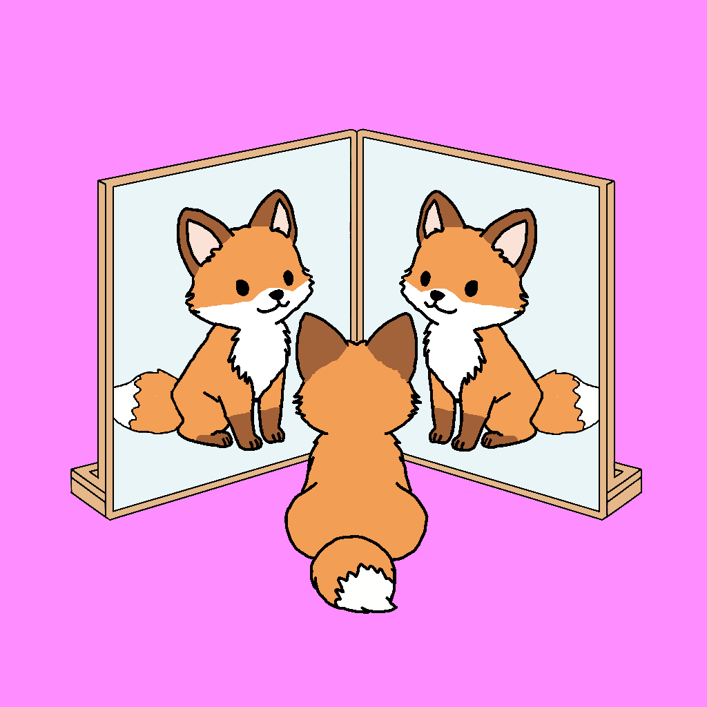 A cute cartoon fox sitting in front of two mirrors, seeing two reflections of itself against a bright pink background.
