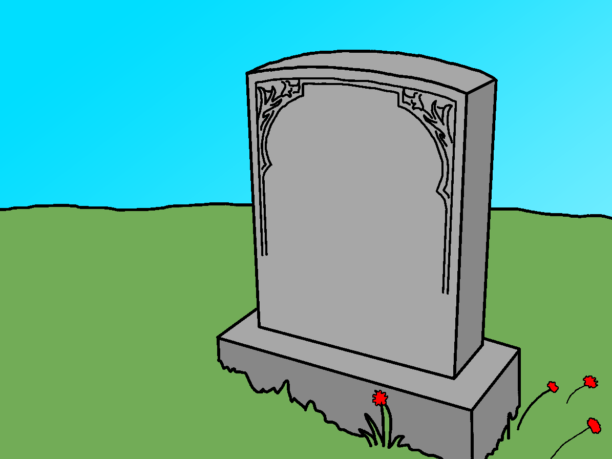 A cartoon-style illustration of a blank gray gravestone with decorative carved borders, set on a rectangular base in a green field under a cyan sky, with small red flowers growing at its base.