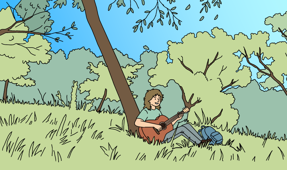 A cartoon illustration of a person with shoulder-length hair sitting against a leaning tree in a sunny forest clearing, playing an acoustic guitar. A blue backpack rests beside them. The scene is drawn in a simple comic style with green trees, blue sky, and tall grass.