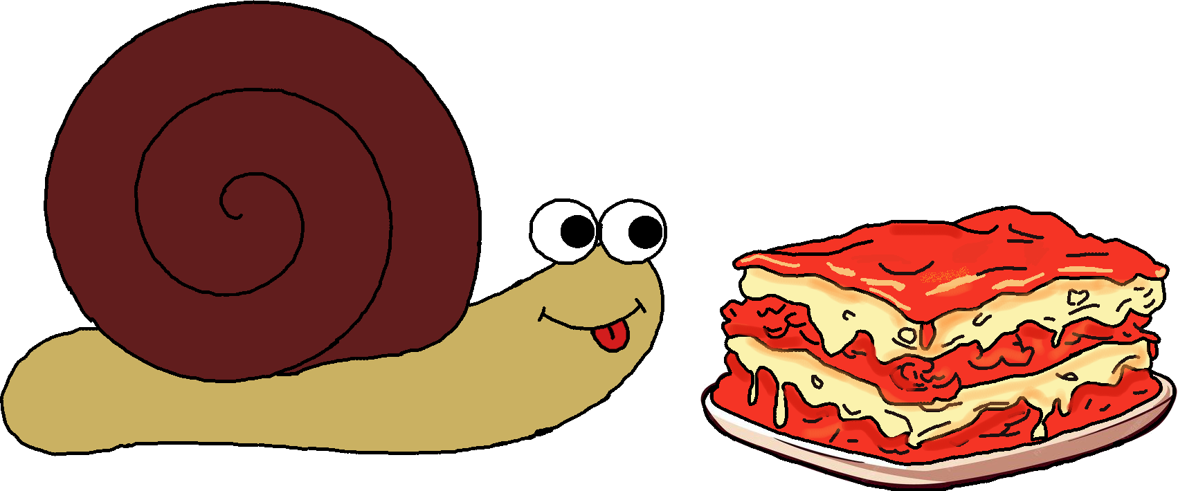image of a snail about to eat lasagna