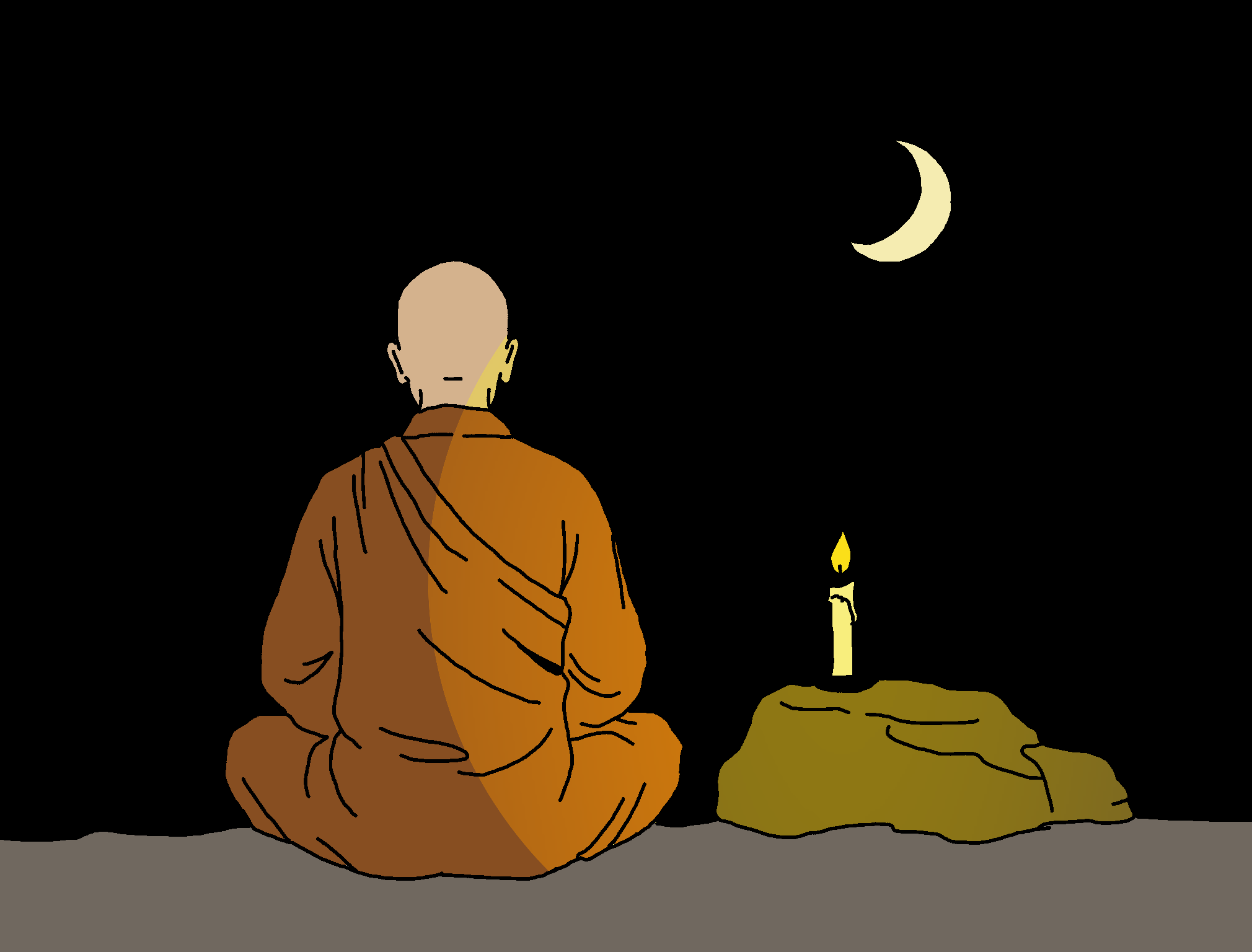 image of a monk meditating at night by candlelight the moon visible in the sky.