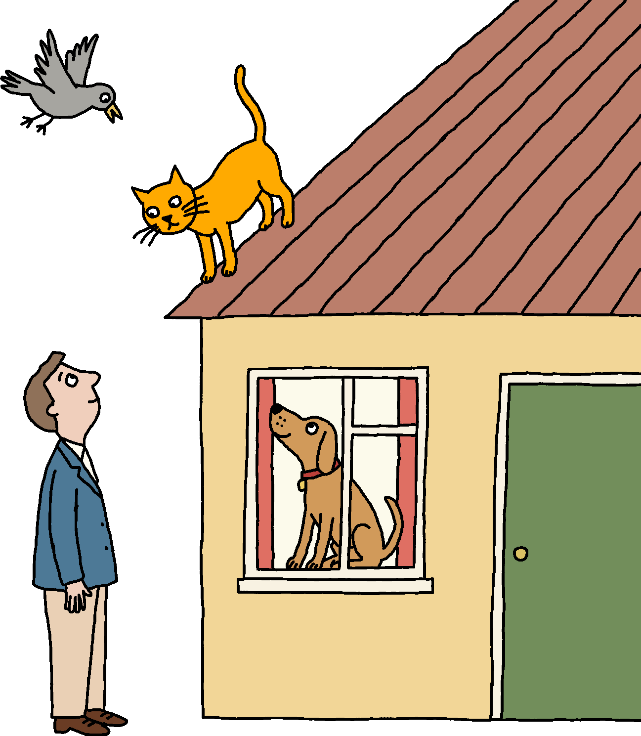 Cartoon illustration of a man looking up at an orange cat on a roof, while a brown dog watches from a window inside and a grey bird flies overhead.
