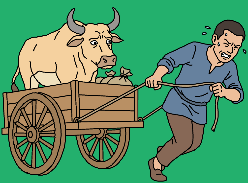 A man straining with effort to pull a wooden cart by its shaft, while a large ox stands in the cart bed alongside some sacks
