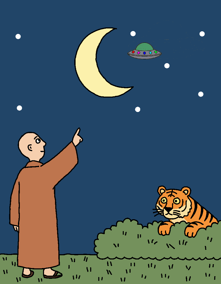 A bald monk in robes points at a crescent moon in a night sky, unaware of a tiger lurking in the bushes behind him or the UFO hovering nearby