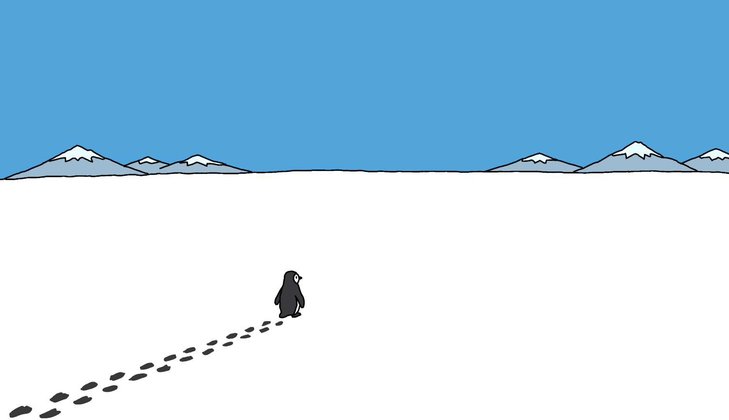 A lone penguin walking across a snowy landscape, leaving footprints behind, with snow-capped mountains in the distance under a blue sky