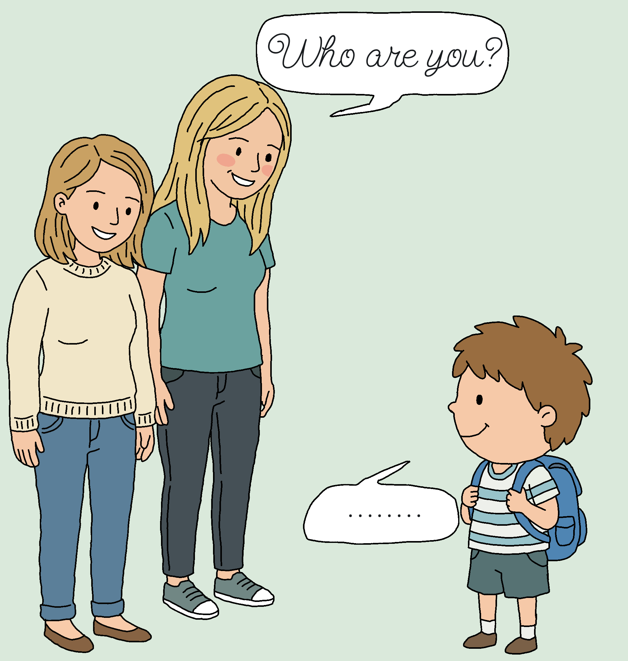 two women asking a little boy who he is, the boy says nothing.